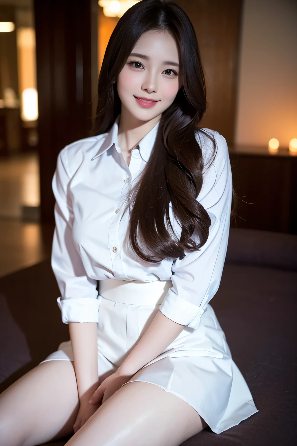 Realistic, High resolution, 1 female, Glowing Skin, alone, Wide lips,round face,Realistic skin texture,Genuine,Detailed face,high school girl,White skin,Full Body Shot,uniform,In town,night,smile,Model-like style,Clear Face