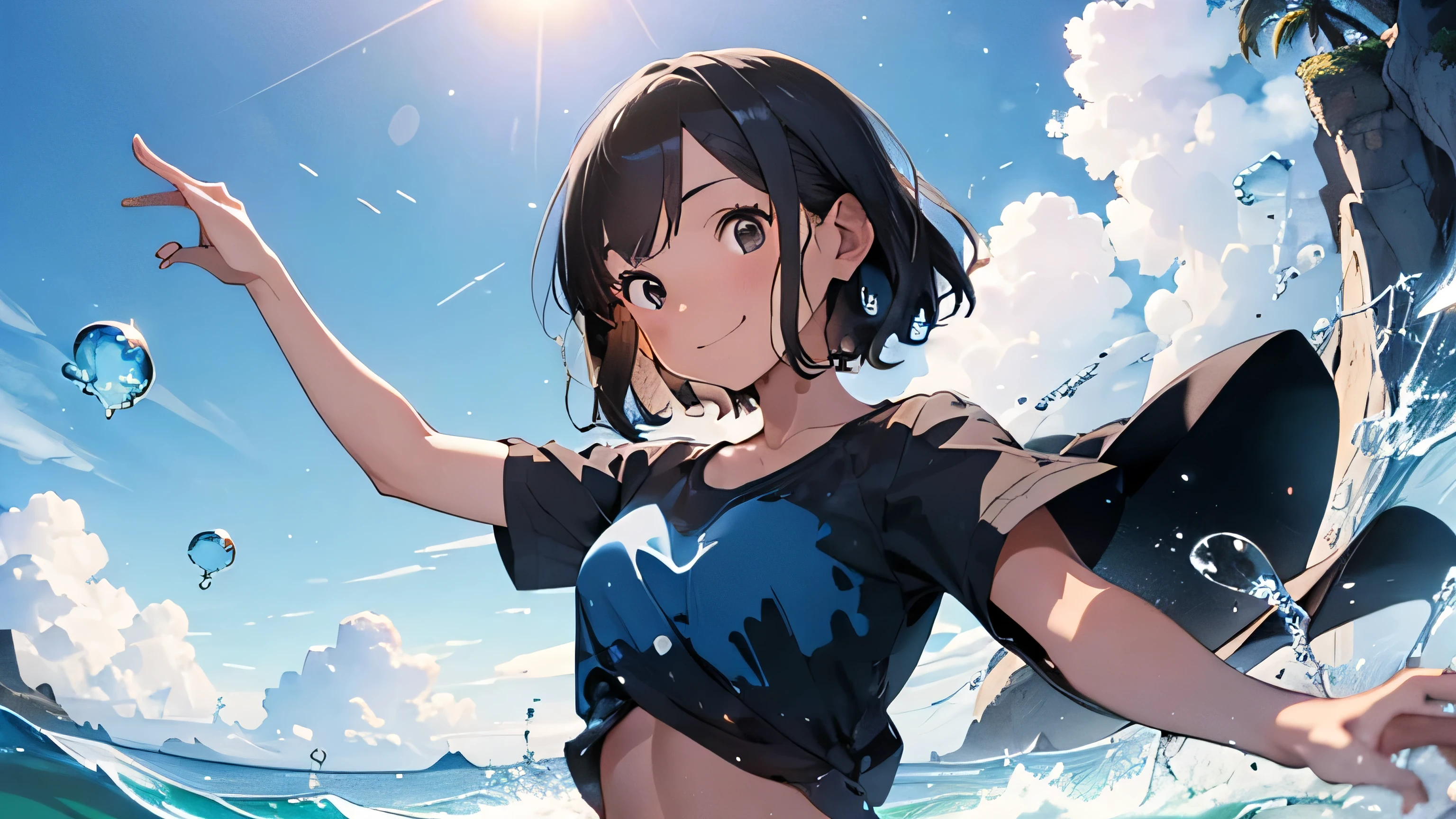 Woman with short black hair，Jump, smile, Jumping on the beach, headphone, Ocean, Wave, noon,The blazing sun, Lots of colorful bubbles，Lots of sparkling, A small universe inside a bubble, Crystals in the bubbles,plant，blue，sunny, cumulonimbus, Spend time by the ocean，masterpiece，4K