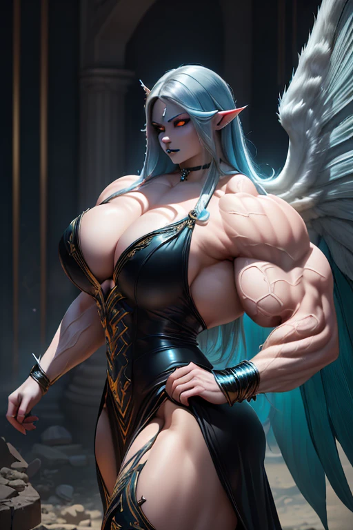 ((((Massive, beautiful, buff, pale white skinned muscular dark angel woman with cyan hair, black lipstick, glowing eyes, huge black angel wings, ginormous bulky muscles and wearing a beautiful black angel dress)))), {close view}, massive muscles, massive biceps, hyper muscle shoulders, massive muscle arms, vascular shoulders, hyper muscle triceps, huge angel wings, (long beachy hair), purple eyes, choker, angel gauntlets, in front of a meteor shower in a Destroyed City, devious smile, hyper muscles arms, hyper muscle legs, (massive arms).