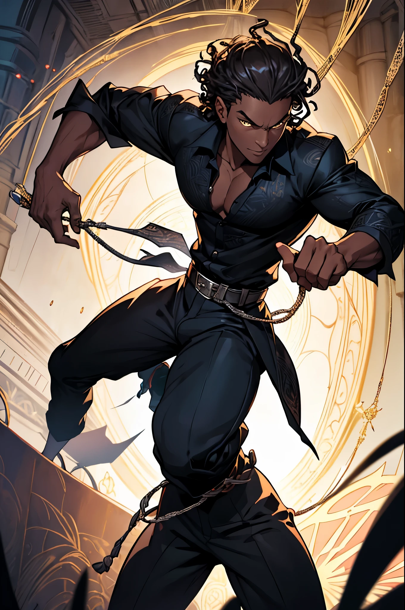 Illustrate Kwame Osei (Anansi) in an action pose. He is in the midst of weaving intricate webs with his hands, ready to ensnare his enemies. His black linen shirt with silver web designs and fitted leather pants flow dynamically with his movements. His short, curly hair and deep dark brown eyes are focused and intense. Surround him with a dynamic aura of shifting shadows and intricate webs with a dark and silvery glow to showcase his connection with Anansi and his cunning presence.