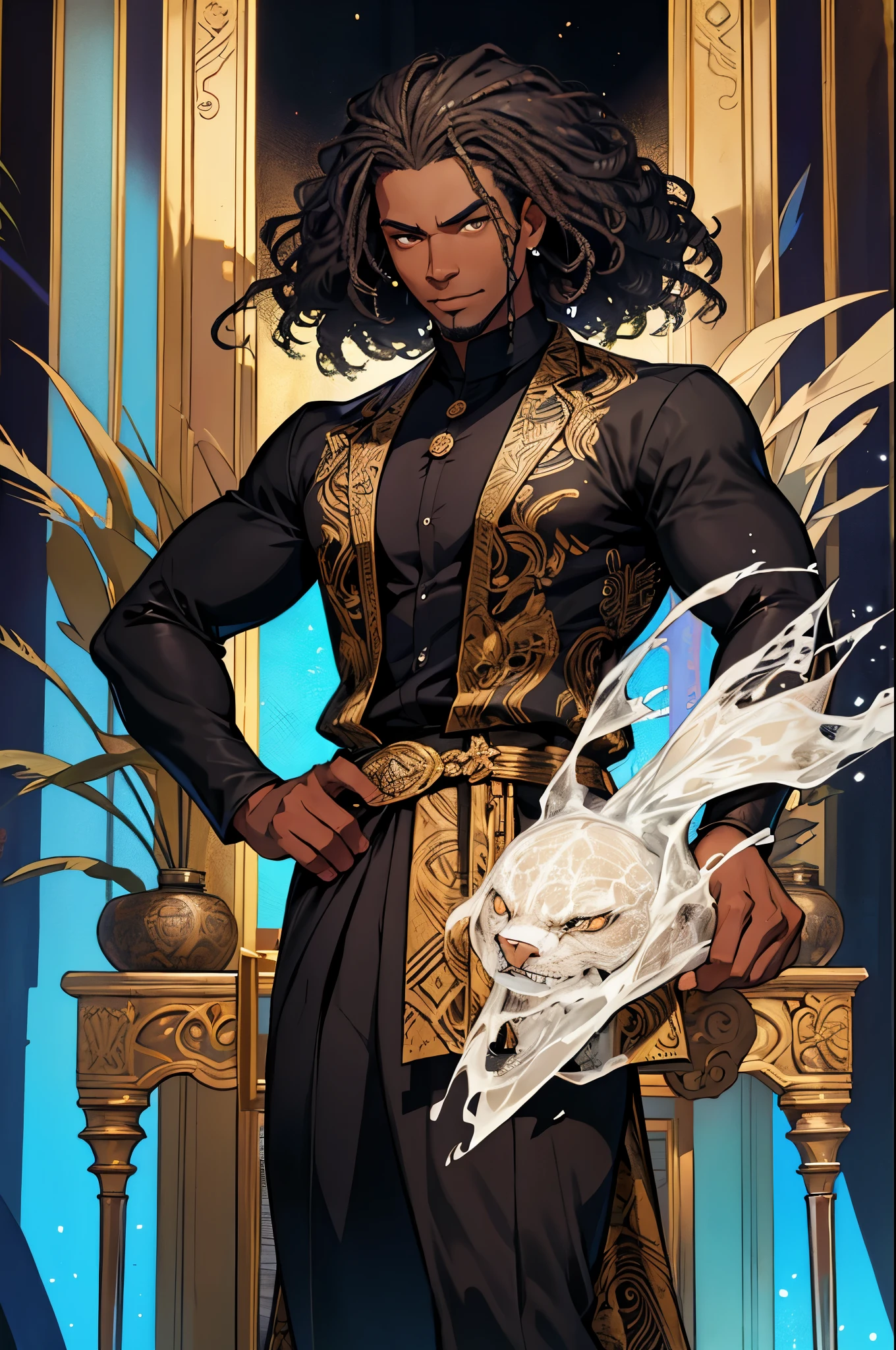 Draw Kwame Osei (Anansi) in a regal and commanding pose. He stands tall with an aura of shifting shadows and intricate webs with a dark and silvery glow around him. His light, functional clothing: a black linen shirt with silver web designs and fitted leather pants, add to his majestic and cunning appearance. His short, curly hair and deep dark brown eyes emphasize his powerful and intelligent presence, reflecting his mythic abilities and noble heritage.