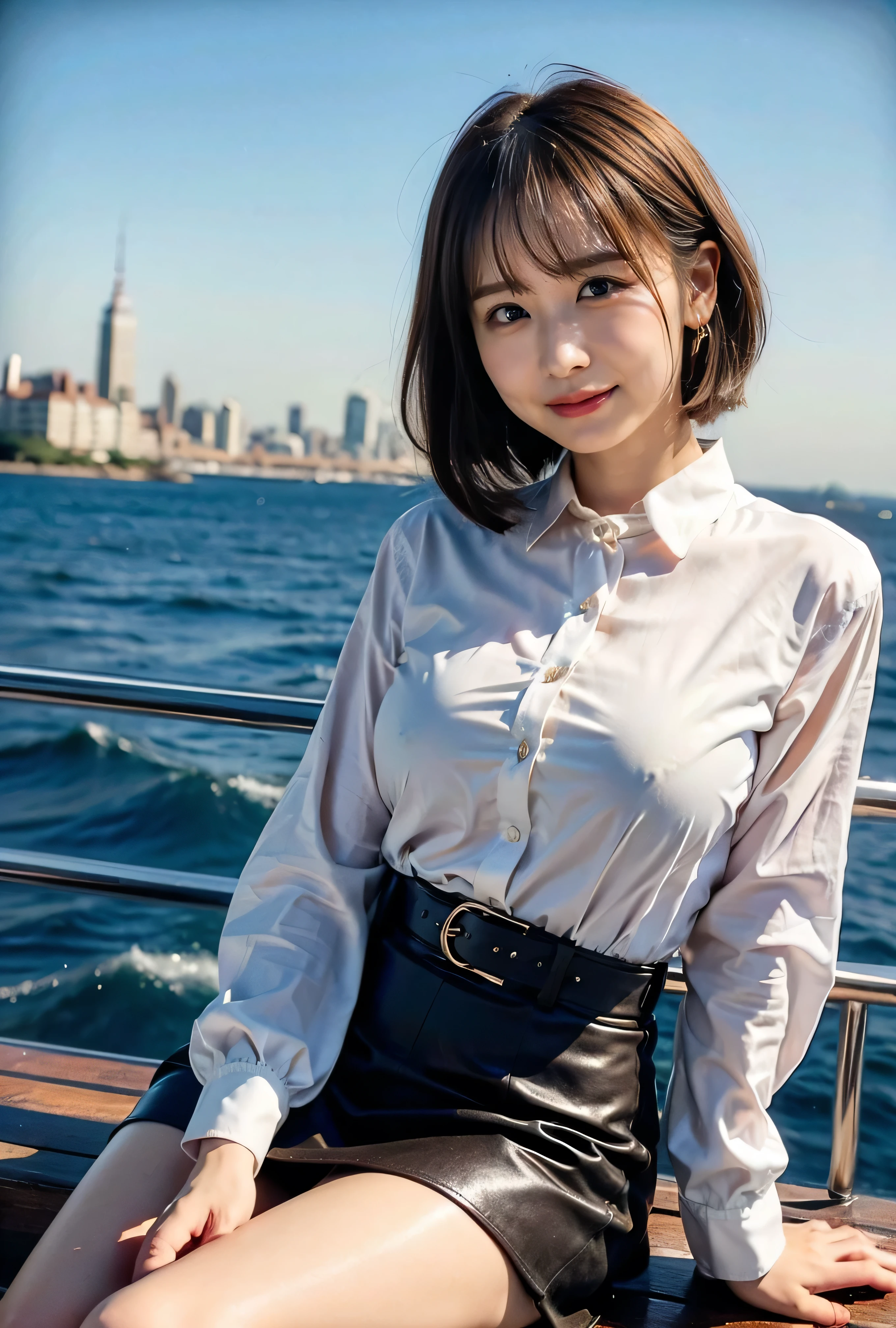 smile、sunset、Blue-eyed woman、A woman with a cute upward gaze、When the sky turns dark、The sky turns reddish due to sunset、Tight clothing that shows your body line、The collar of his shirt is open obscenely、Gorgeous white collared silk shirt and brown skirt、Luxurious genuine leather belt、Dress elegantly着こなす、Luxury Bags、、((short hair:1.4))、Skyscrapers seen across the sea、Manhattan Island is visible offshore、A woman on a pleasure boat、Side Ponytail、The sun shines on her、No sleeve、Light brown hair、Light brown hair、The sky was dyed red、There are clouds、It's cute、A woman in elegant clothing is sitting on a boat and watching the sunset、Her huge breasts are obvious even through her clothes.、The shining sun is so beautiful、Dusk is coming、Lens flare、I can see the sun setting、((Sunlight reflecting off the ocean、Ocean View、The sun shines on the sea、'beautiful.、Small earrings、It'evening、Birds are also flying、、Brown Hair Color、Tie your hair、The woman is on the right:1.4))、Luxury Leather Belts、Shiny clothes、Light beige hair color、Background Blur、Braid only the front hair、Light brown hair、{{Cowgirl Shot}}、((Close-up shot from the waist up、Big Breasts:1.4))、Big Breasts、Smile、Silk clothing、Big Breasts that can be seen even through clothes、Braid only the front hair、Cowboy Shot、Gorgeous white collared silk shirt and brown skirt、Dress elegantly、Luxury Bags、A lovely smile、((airplane in the background、I'Coming to the airport))、Full body photo、ring、Short skirt、Tuck your hair behind one ear、Silver Necklace、smile、 Elegant ponytail、Caustics、Highly detailed photos、Very beautiful and ideal short hair、Big Breasts、Super no makeup、(8k、RAW Photos、highest quality、masterpiece:1.2)、(Realistic、Realistic)、1 girl、((Big Breastsshort hair、Looking into the camera:1.4))、Hair blowing in the wind