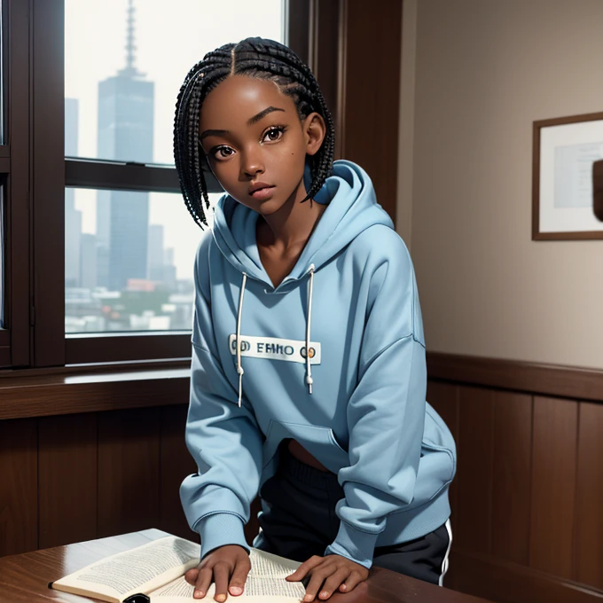 (masterpiece, best quality), deep ebony 1girl, beautiful face, short braids, bedroom background ,can see the Corcovado through the window ,cute, street clothing, beautify, Lofi vibe, cute night vibe, concentrated, sitting, city wear, book over the table, hands outside of the picture, wearing a hoodie, rainy day, light blue hoodie and trousers