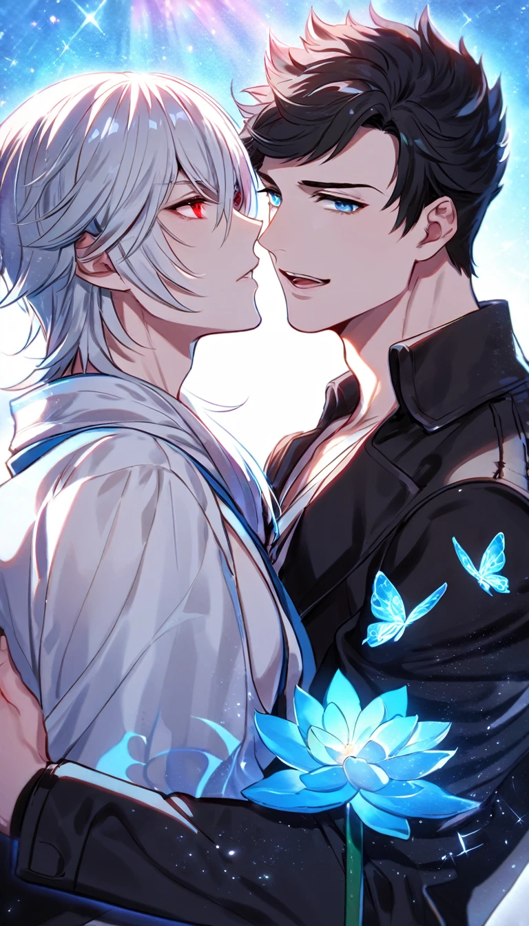absurdres, highres, ultra detailed, HDR, master piece, best quality, Lucilius, white hair, expressive blue eyes, granblue fantasy, Belial, black hair, expressive red eyes, two men together, gay couple, yaoi, handsome, white tunic, black coat, patterns, magical, fantasy, blue background, blue lotus, shining, blue petals, blue sparkling butterflies