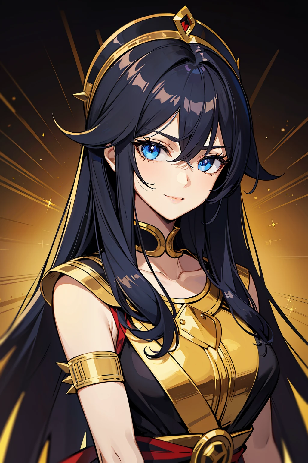 (high-quality, breathtaking),(expressive eyes, perfect face) portrait, 1girl, girl, solo, young adult, black hair, blue coloured eyes, stylised hair, gentle smile, medium length hair, loose hair, side bangs, curley hair, really spiky hair, spiked up hair, looking at viewer, portrait, ancient greek clothes, black long sleeved tunic gold trim around collar edges and down middle, greek, red and gold sash, simple background, slightly narrow eyes, , happy expression, clothes similar to Hypnos Saint Seiya, C cup size breasts, beautiful hairstyle, soft make up
