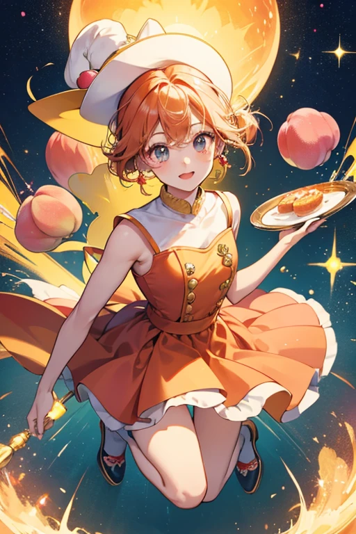 Chantotchi has a round, peach-colored head and body. She wears a yellow hat with small, round ears, a red dress and dark blue stockings. SPARKLE; GLITTER