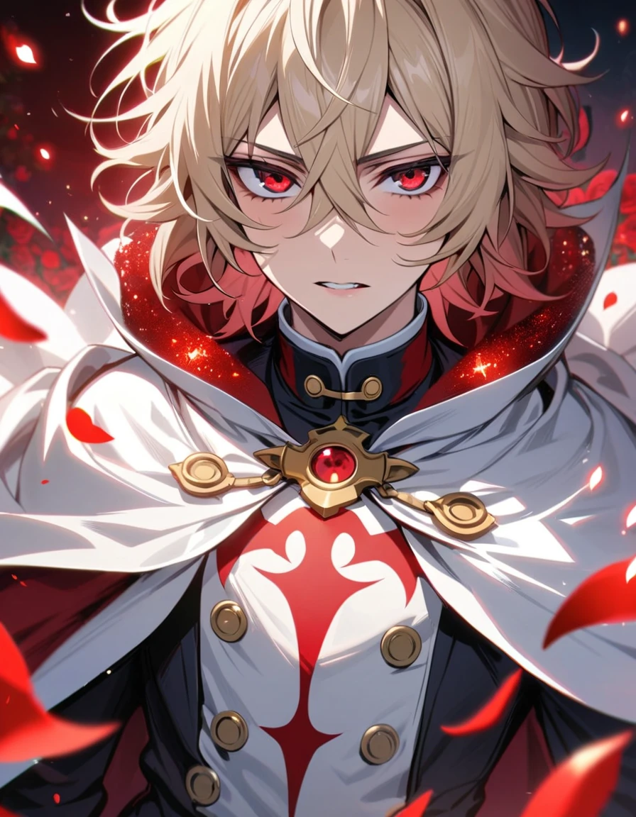 Ultra detailed, HDR, Highres, absurdres, master piece, Mika Hyakuya, wavy blond hair, short hair, expressive red eyes, white cape, Owari No Seraph, white vampire clothes, red glittering butterflies, petals, fantasy, red roses, sexy man, solo, extremely detailed face and eyes, handsome, glittering, white gloves, red background, red flames, cross, vampire, white clothes