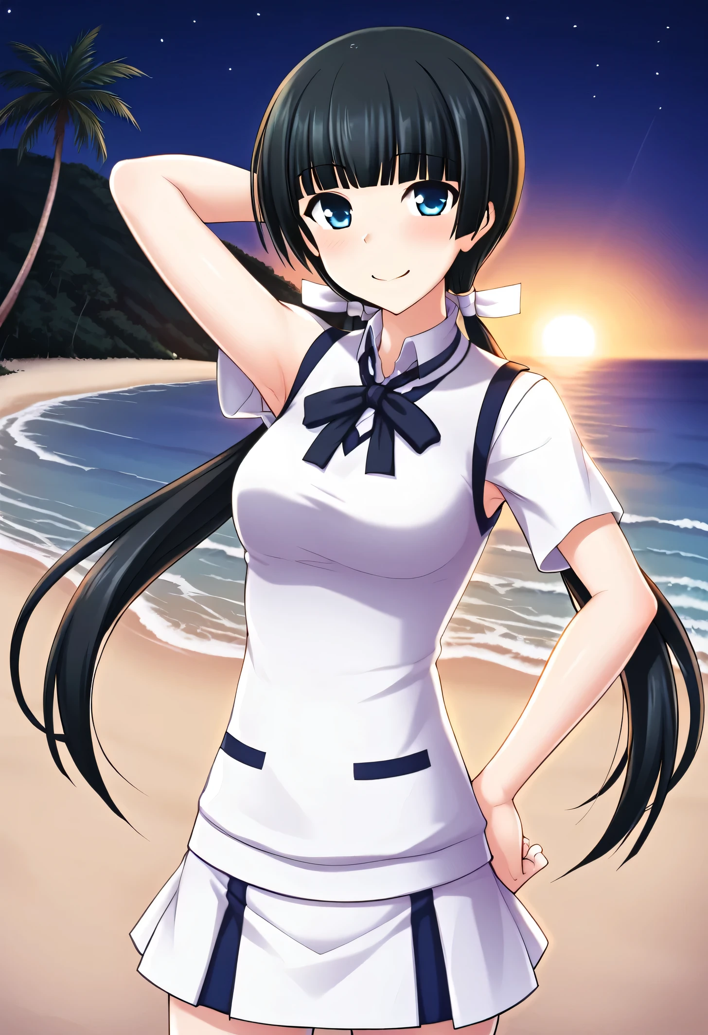 Mayuzumi Yukie, black hair, blunt bangs, long hair, low twintails, blue eyes , short sleeves, white sweater vest, white shirt, white skirt, neck ribbon, black ribbon, high quality, solo, night sky, beach, arm behind head, hand on hip, contrapposto, closed mouth, spread armpits, (cowboy shot:1.5), looking at viewer, shy, light smile, best quality, {blushing},