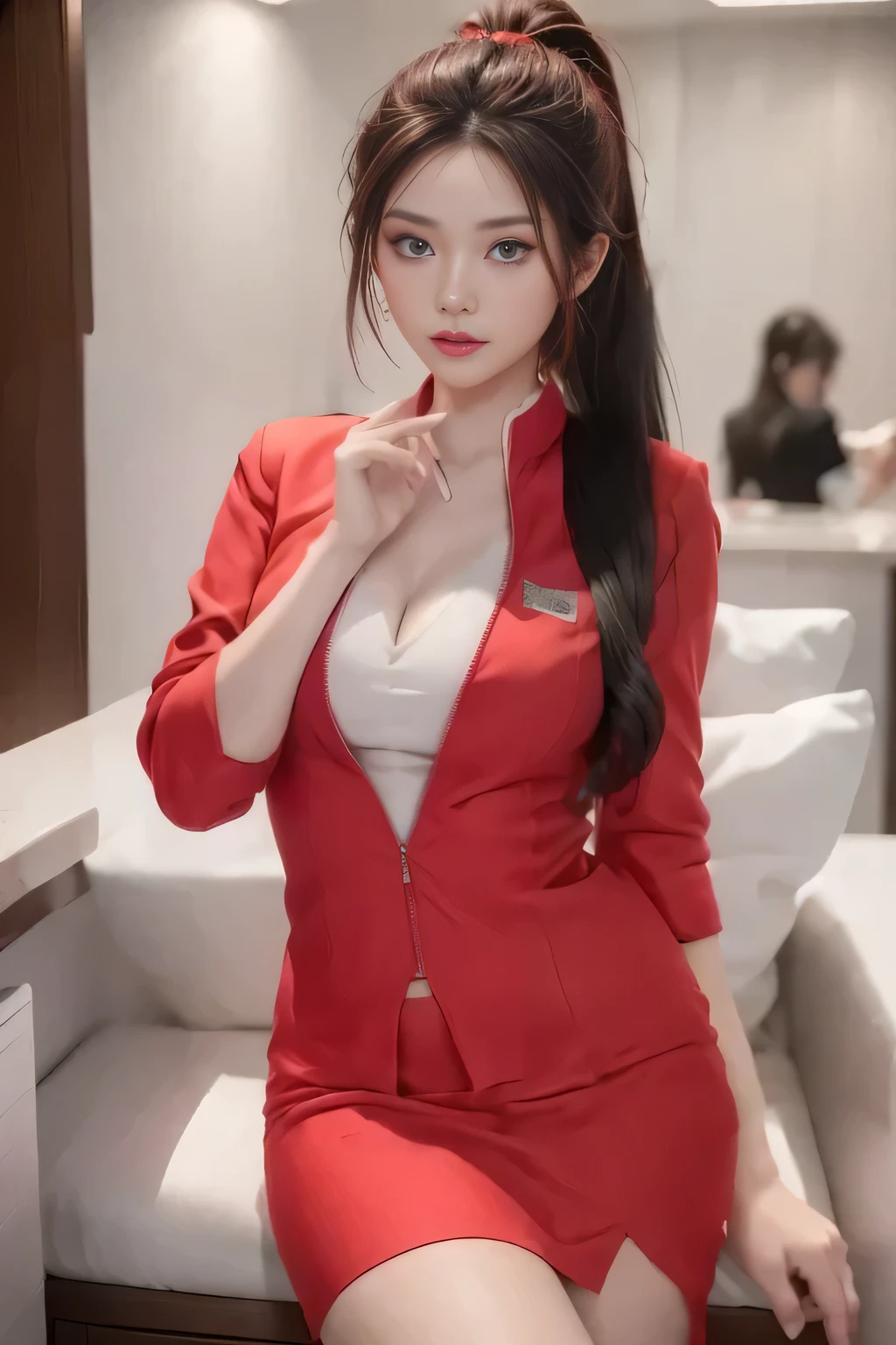 AirAsia red jacket uniform、Long hair down to the legs、Dark brown hair、Hair tied up、Tie your hair back in a ponytail、ponytail、Red rubber band、Luxury earrings、Captivating look、Blue Eyes、22 year old Asian female