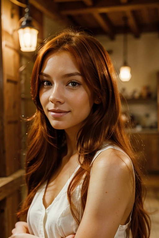 redhead with long hair, with light skin tone, orange eyes, serene and happy,