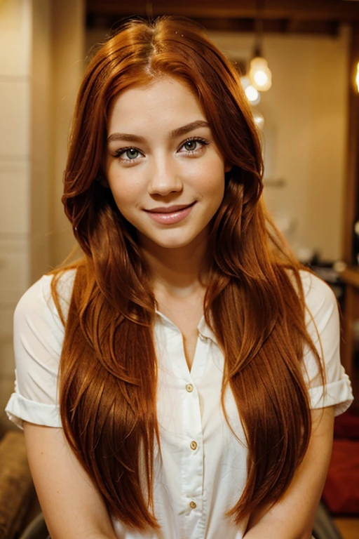 redhead with long hair, with light skin tone, orange eyes, serene and happy,