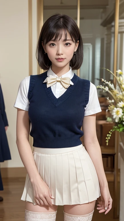 (masterpiece:1.2, highest quality), (Realistic, photoRealistic:1.4), Beautiful illustrations, (Natural Side Lighting, Cinema Lighting), Written boundary depth, Looking at the audience, Front view, 1 girl, English, high school girl, 20-year-old, Perfect Face, Symmetrical cute face, Shiny skin, Leg spread, (Bob Hair:1.7,blonde), Asymmetrical bangs, Big eyes, Droopy eyes, long eyelashes chest), thin, Beautiful Hair, Beautiful Face, Beautiful and beautiful eyes, Beautiful clavicle, Beautiful body, Beautiful breasts, Beautiful thighs, Beautiful legs, Beautiful fingers, ((High-quality fabric, Brown knitted vest, Short sleeve white collar shirt, Navy Pleated Skirt, Navy bow tie)), (Beautiful views), evening, (Inside the flower shop), Are standing, (smile, Superior, Open your mouth), (((Skirt flip, No pants, Genitals are visible))), Full Body Shot, Dark blue socks, Sexy Face, Inverted nipples,