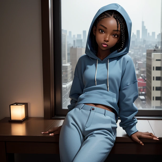 (masterpiece, best quality), deep ebony 1girl, beautiful face, short braids, bedroom background ,nice city view through the window ,cute, street clothing, beautify, Lofi vibe, cute night vibe, concentrated, sitting, city wear, book over the table, hands outside of the picture, wearing a hoodie, rainy day, light blue hoodie and trousers