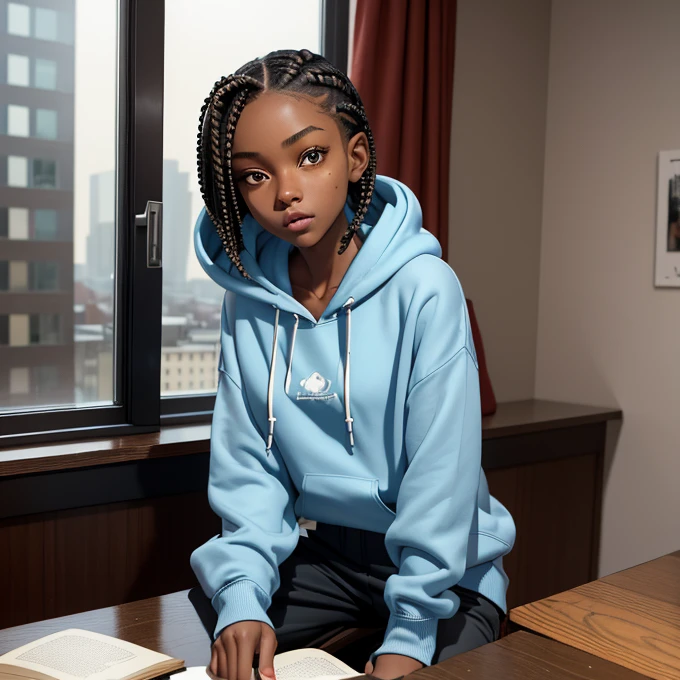(masterpiece, best quality), deep ebony 1girl, beautiful face, short braids, bedroom background ,nice city view through the window ,cute, street clothing, beautify, Lofi vibe, cute night vibe, concentrated, sitting, city wear, book over the table, hands outside of the picture, wearing a hoodie, rainy day, light blue hoodie and trousers