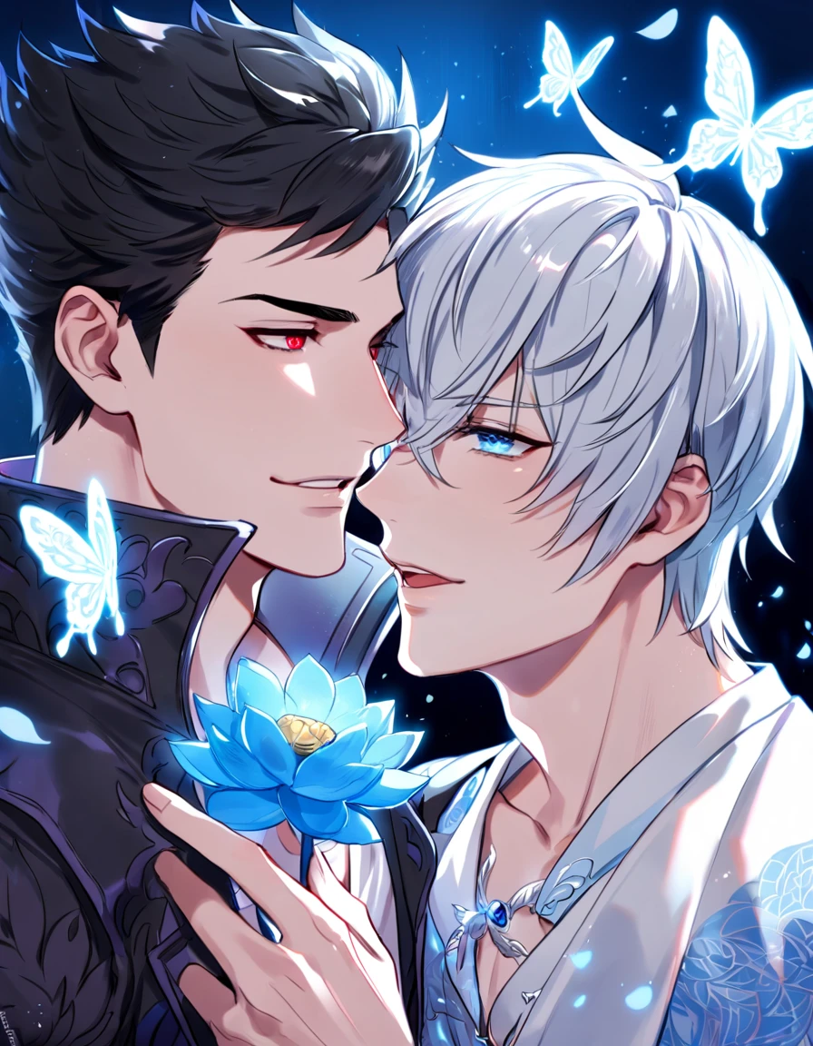 absurdres, highres, ultra detailed, HDR) master piece, best quality, Flamebringer, black hair, closed eyes, slightly pointy ears, black horns, black tight shirt, cropped leather jacket, black collar, black earrings, Arknights, Executor, white hair, closed eyes, white coat, two men kissing, yaoi, gay couple, handsome, toned chest, magical fantasy, pink butterflies, glittering, sparkling, pink lotus, petals, radiant, water
