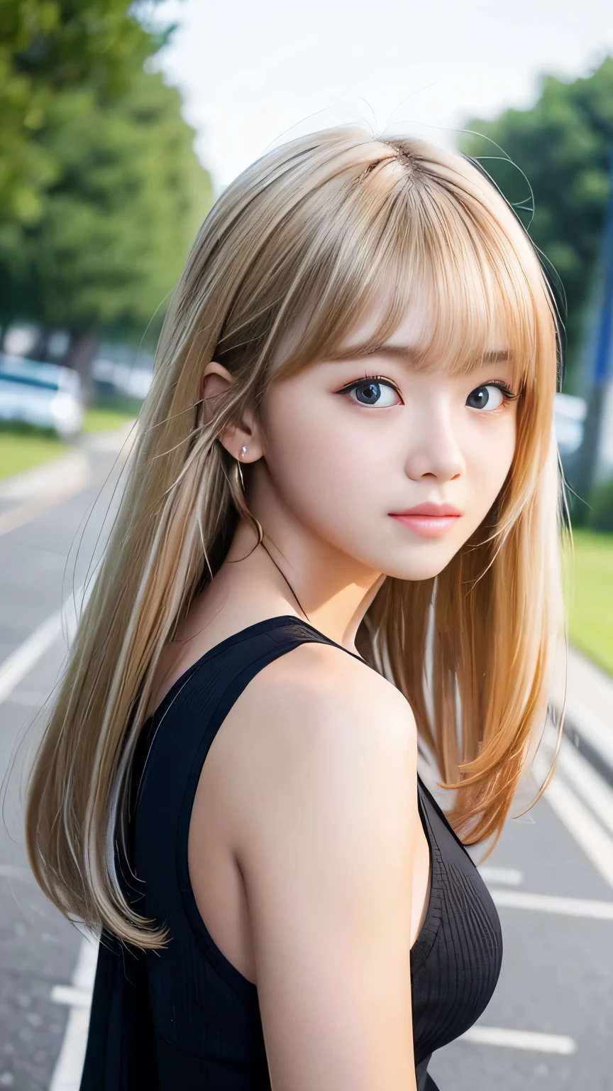 Sexy Big 、A cute 15-year-old girl with a sexy and cute look, beautiful and sexy face、A strong wind blows my hair in front of my face、With straight blonde hair、beautiful, Cute and sexy eyes hidden behind long bangs、I'm wearing a choker、Covering the eyes with bangs、I have a tattoo on my arm