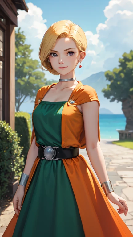 masterpiece, highest quality, DQ Bianca, Single Blade, Earrings, choker, Orange Cape, Green Dress, belt, View Viewer, whole body, front,smile, Frowning, village