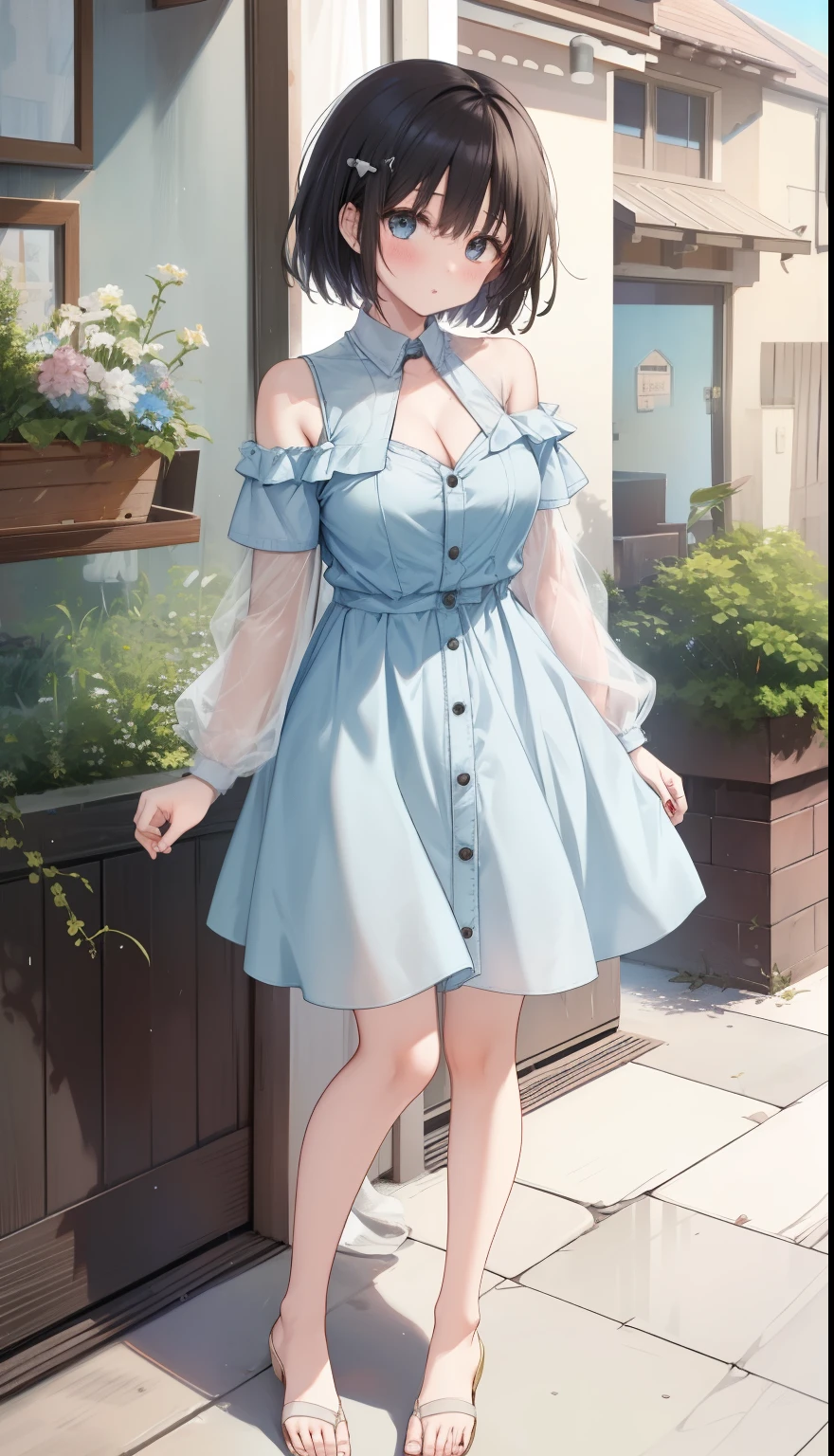 One Girl、positive、Standing posture、Full body portrait、Black Hair、Medium Haircut、blush、Absolute area、No panties、No bra、barefoot、Light blue dress、Off-the-shoulder dress、（Very large breasts）、Cleavage、((Lesbians around the world))、masterpiece、（highest quality）、、White heel sandals、Shirt buttons fly off、Unbutton your shirt、Exposing the breasts、