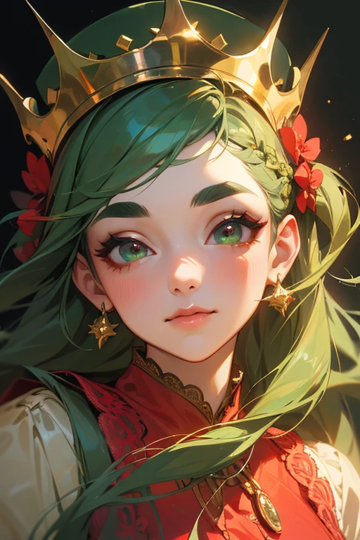 (highest quality, masterpiece:1.2), High resolution, Very detailed, Realistic:1.37, Fantasy, An illustration, Green Eyes、Queen, Red lace dress.Platinum decoration、beautifully、Eyeshadow Red、Thick eyebrows、Long eyelashes、pupils are black、Her hair is dark green、Gold crown、Kissing Face、Embarrassing、Beloved by the crowd、Hair is green、Braiding、hair ornaments、Laugh gently、