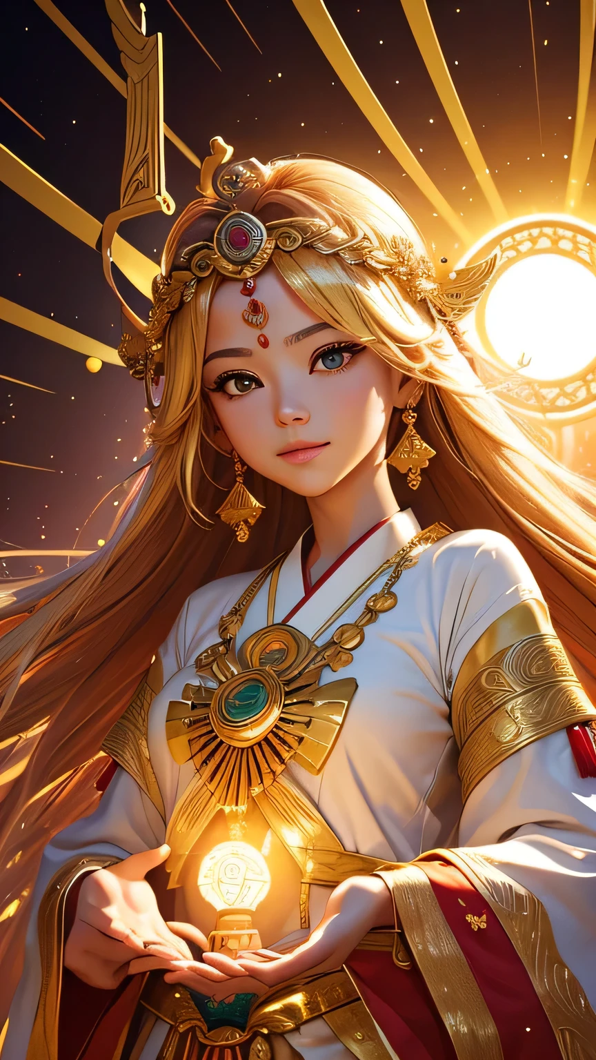 "Child of the Sun, Goddess of Love": Within a sacred sanctuary bathed in sunlight, depict the figure of a sun goddess who governs love, facing forward and emanating divine radiance. She is a , around 6 years old. Zoom in to focus on her face, with a gleaming orb of light in her hands, representing the life-giving power of the sun. Her hair is shimmering gold, and she is wearing a traditional miko outfit as seen in Japanese shrines. The background should be predominantly gold, evoking a sense of divine splendor, with numerous heart-themed objects expressing the beauty of love. The setting is in heaven, enveloped in soft, bright light, where one can find tranquility and peace of mind, free from any trace of anxiety.