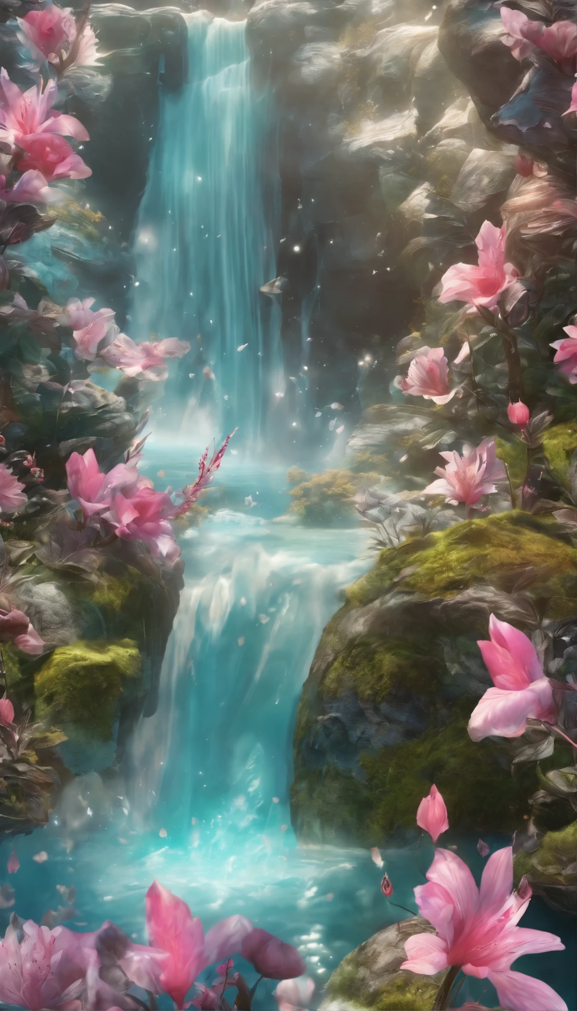 All expressed with jewels, the arrival of spring,waterfall,fantastic scenery, transparency, angles looking up from below, various jewels falling from the sky, wonderful and beautiful superb view, slightly hazy, fantastic, high resolution, 8K, (best quality, highres, realistic:1.37), shiny metallic flowers, intricate and delicate petals, reflective surfaces, vibrant colors, intricate details, close-up view, surreal garden, surreal beauty, dreamy atmosphere, fine art, abstract botanicals, metallic sculpture, contrasting textures, ethereal glow
