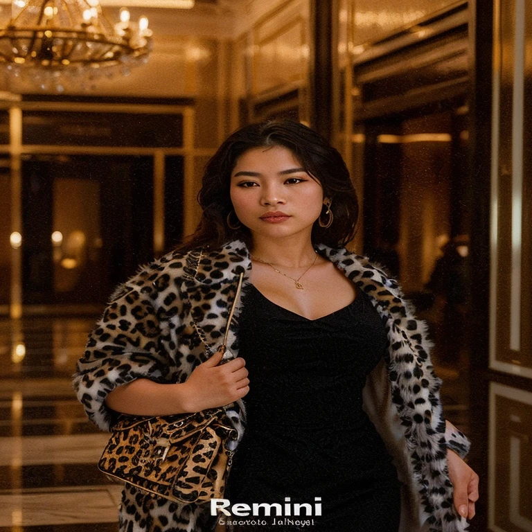 Mujer araffe con un abrigo de leopardo y un vestido negro en un pasillo., por Julia Pishtar, vistiendo un traje elegante, inspired by Kanō Takanobu, vistiendo una elegante chaqueta negra, usando una chaqueta elegante, Dama elegante, imagen de perfil, Mai Anh Tran, an asian woman, vistiendo un abrigo de piel de lujo, gemma chen, una joven latina mexicana, con pechos medio grandes.