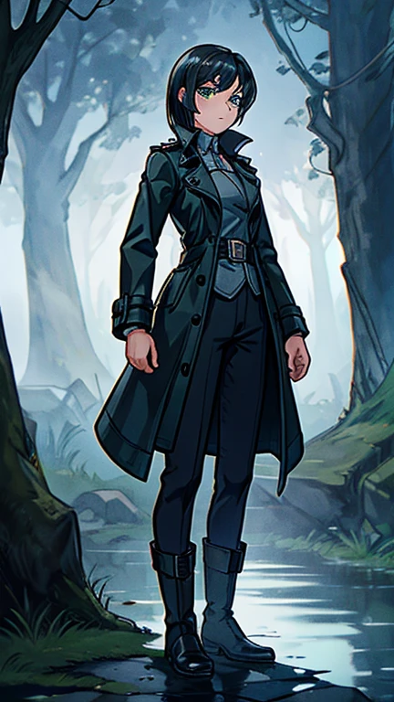 Sure, here's a description for an image of a female detective with an intriguing background in English:

---

**Image Prompt:**

Create an image of a female detective standing with an air of confidence. She has long, jet-black hair and piercing green eyes that seem to see through everything. She is wearing a tailored dark trench coat with a high collar, black gloves, and stylish yet practical boots. The detective is positioned in the foreground, holding a notebook and a pen, ready to jot down observations.

In the background, depict a small, fog-covered town with cobblestone streets and ancient, mysterious buildings. The scene is shrouded in thick fog, with faint outlines of people and shadows moving in the mist. Include a riverbank with a few trees and a hint of a body of water where a crime scene might be located. The atmosphere should be dark and suspenseful, with an aura of mystery and foreboding.