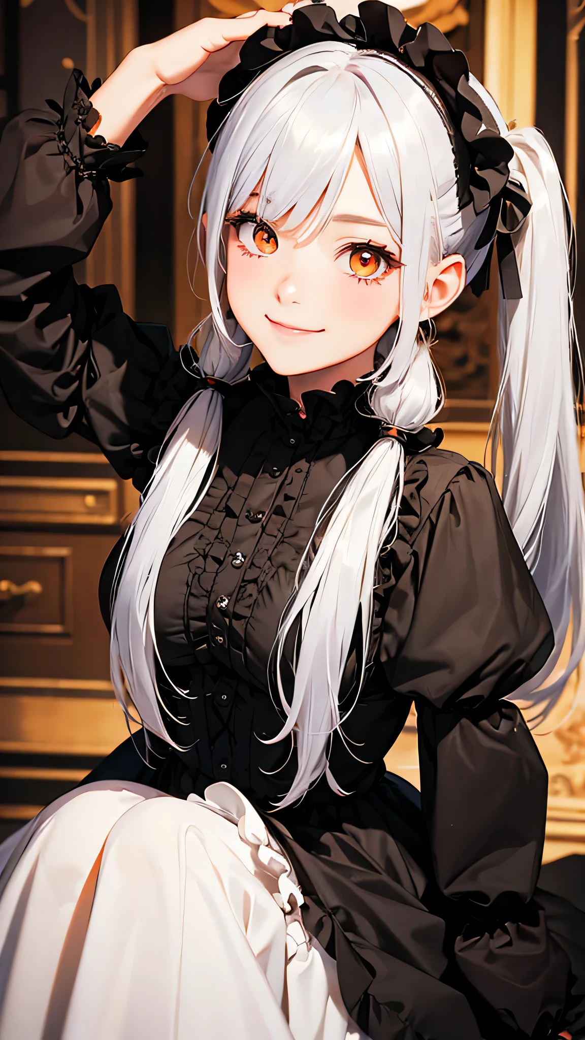 highest quality、Realistic、Women、zoom、cute、Orange Eyes、Silver Hair、Twin tails、Gothic ta、smile、Looking down、smile、Bust Shot、