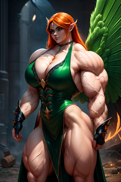 ((((Massive, beautiful, buff, pale white skinned muscular dark angel woman with orange hair, black lipstick, glowing green eyes, huge black angel wings, ginormous bulky muscles and wearing a beautiful black angel dress)))), {close view}, massive muscles, massive biceps, hyper muscle shoulders, massive muscle arms, vascular shoulders, hyper muscle triceps, huge angel wings, (long shaggy hair), green eyes, choker, angel gauntlets, in front of a meteor shower in a Destroyed City, devious smile, hyper muscles arms, hyper muscle legs, (massive arms).