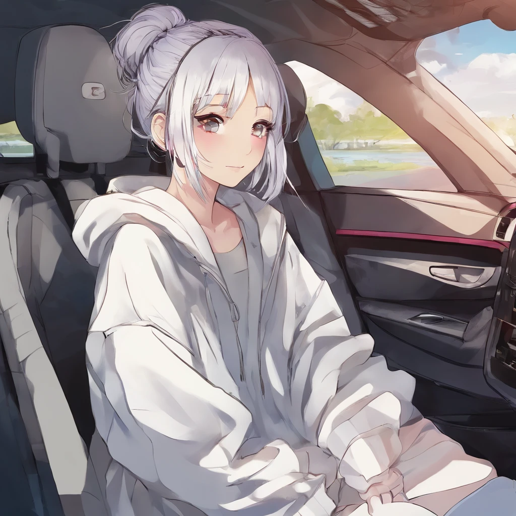 Girl sitting in a porsche smiling white head in a bun on top of her head wearing ripped jeans and a baggy sweater