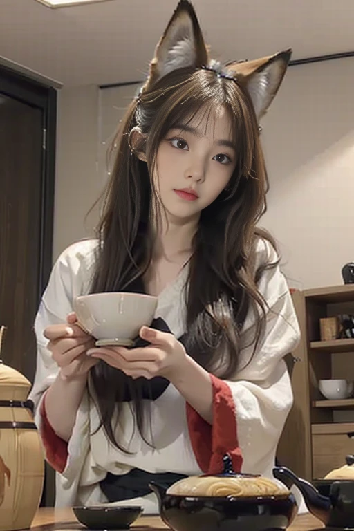 Create a vivid description of a 28-year-old brunette woman with messy hair..。。, Enjoy udon at the kotatsu. He describes her as an amazing beauty, resembling the embodiment of a fox...。, He captivates viewers with his charming expression with a cup of udon on his face..fox ears、wear fox fur