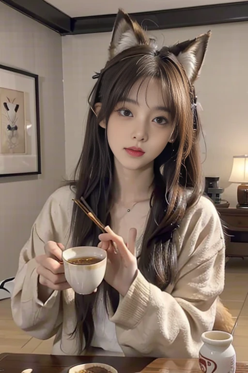 Create a vivid description of a 28-year-old brunette woman with messy hair..。。, Enjoy udon at the kotatsu. He describes her as an amazing beauty, resembling the embodiment of a fox...。, He captivates viewers with his charming expression with a cup of udon on his face..fox ears、wear fox fur