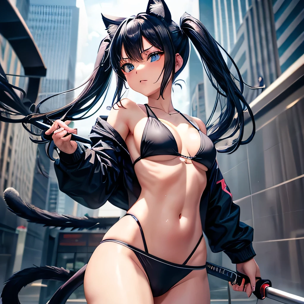 A girl with dark blue hair, cat ears and a tail, wearing a black bikini and racing pants body type Twin tails Flat Chest Wearing a hoodie Butt in detail holding a ninja sword