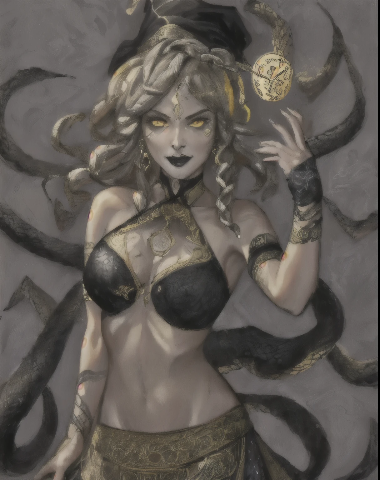 gorgon, gray skin, nsfw, snake eyes, angry face, gothic makeup, tribal markings, (masterpiece), best quality, highres, 4k, 8k, Detailed Illustration, intricate detail, cinematic lighting, amazing quality, amazing shading, soft lighting, upper body, midriff, breasts, torso, scales, snake hair, kirisame_marisa_touhou, blonde_hair, long_hair, hat, witch_hat, bow, yellow_eyes, braid, single_braid, hat_bow, smile, hair_bow, white_bow, bangs, black_headwear