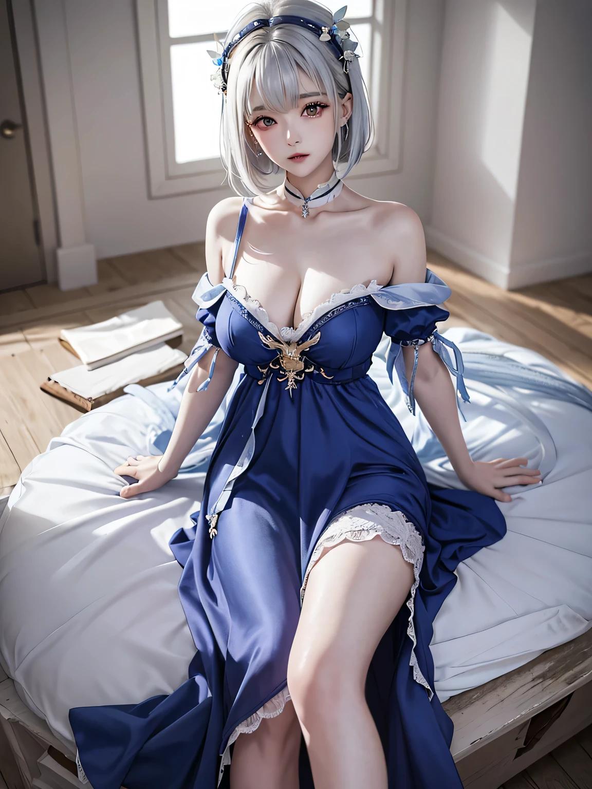 (masterpiece、highest quality、Every detail,Fantastic lighting,Shallow depth of field)(1girl,solo)(cute girl,Blue long dress,The dress has a loose fit,Exposing shoulders,No sleeve,White hair bob、medium beautiful breasts,Beautiful cleavage,thin and white legs、White skin)(ruins、Dilapidated Building、Collapsed Wall)(Close-up)(Close-up image from the waist up、Sexy model posing)