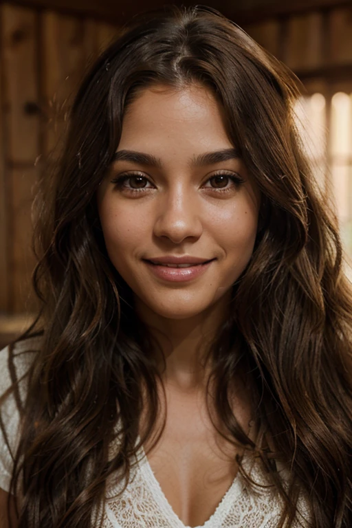 long wavy brown hair, brown eyes, long eyelashes, light brown skin, light smile, pov, atmospheric perspective, 8k, super detail, accurate, best quality
