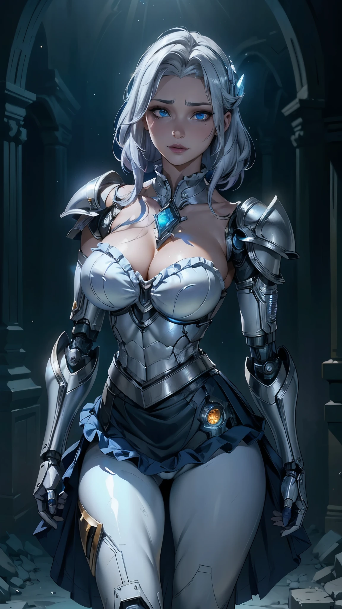 (La mejor calidad,A high resolution,Ultra - detallado,actual),lux, (league of legends:1.4) , long blonde hair, blue eyes, blue tights, (full chest armor:1.4) , shoulder armor,(medias blancas brillantes/pantys:1.4), (skirt with frills cyborg :1.4) , (medium breasts:1.4) , half body portrait, beautiful, fit body, looking at viewer, very detailed face,,(Fondo de ruinas de mazmorra en ruinas:1.4 ), ,(lux league of legends:1.4), (perfect anatomy :1.4), (cinematic lighting :1.4), (dynamic cowboy pose), (face detailed :1.4),( mechanical cyborg armor white plastic transparent :1.4), More detailed 8K.motor irreal:1.4,UHD,La mejor calidad:1.4, fotorrealista:1.4, textura de la piel:1.4, obra maestra:1.8,obra-prima, mejor calidad,objeto Objeto], (detailed face features:1.3),(Las proporciones correctas),(Ojos hermosos azules:1.4 ),  (pose vaquero), (lux league of legends V2.1) 
