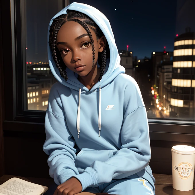 (masterpiece, best quality), deep ebony 1girl, beautiful face, short braids, bedroom background ,nice London city view through the window ,cute, street clothing, beautify, Lofi vibe, cute night vibe, concentrated, sitting, city wear, book over the table, hands outside of the picture, wearing a hoodie, light blue hoodie and white trousers,  night sky