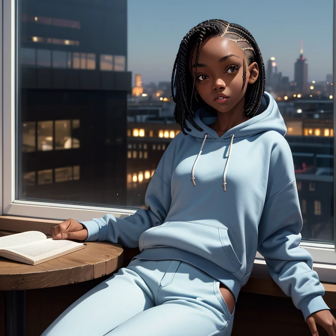 (masterpiece, best quality), deep ebony 1girl, beautiful face, short braids, bedroom background ,nice London city view through the window ,cute, street clothing, beautify, Lofi vibe, cute night vibe, concentrated, sitting, city wear, book over the table, hands outside of the picture, wearing a hoodie, light blue hoodie and white trousers, night sky