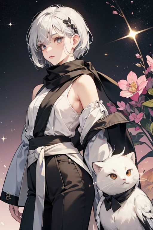 Charismatchi has white skin, oval-shaped eyes with small curled eyelashes, and a light yellow beak. she has short silver hair with a long curved set of bangs on one side of her head, and a black spiky tuft of hair sticking out from the top of her head. sHe wears a gray sash, black pants, and a black scarf. sHe has a gray comb tucked into her hair, and a hair dryer with a flower design on it hanging by her waist. SPARKLE; GLITTER