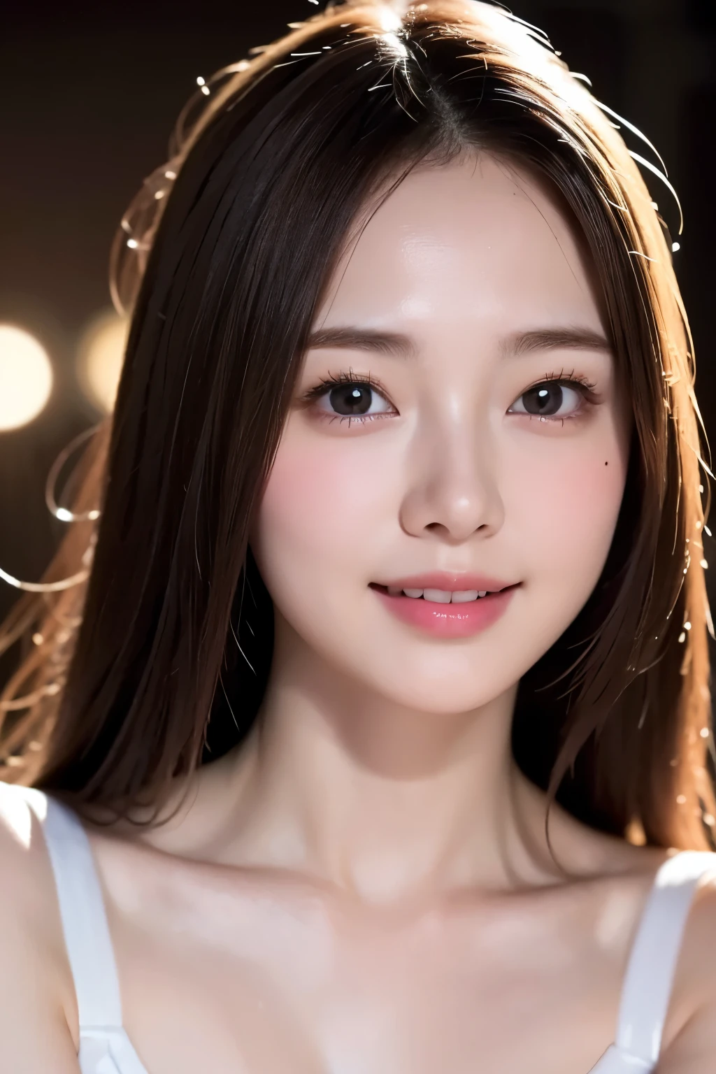 Realistic, High resolution, 1 female, Glowing Skin, alone, Wide lips,round face,Realistic skin texture,Genuine,Detailed face,high school girl,White skin,Full Body Shot,,In town,night,smile,Model-like style,Clear Face
