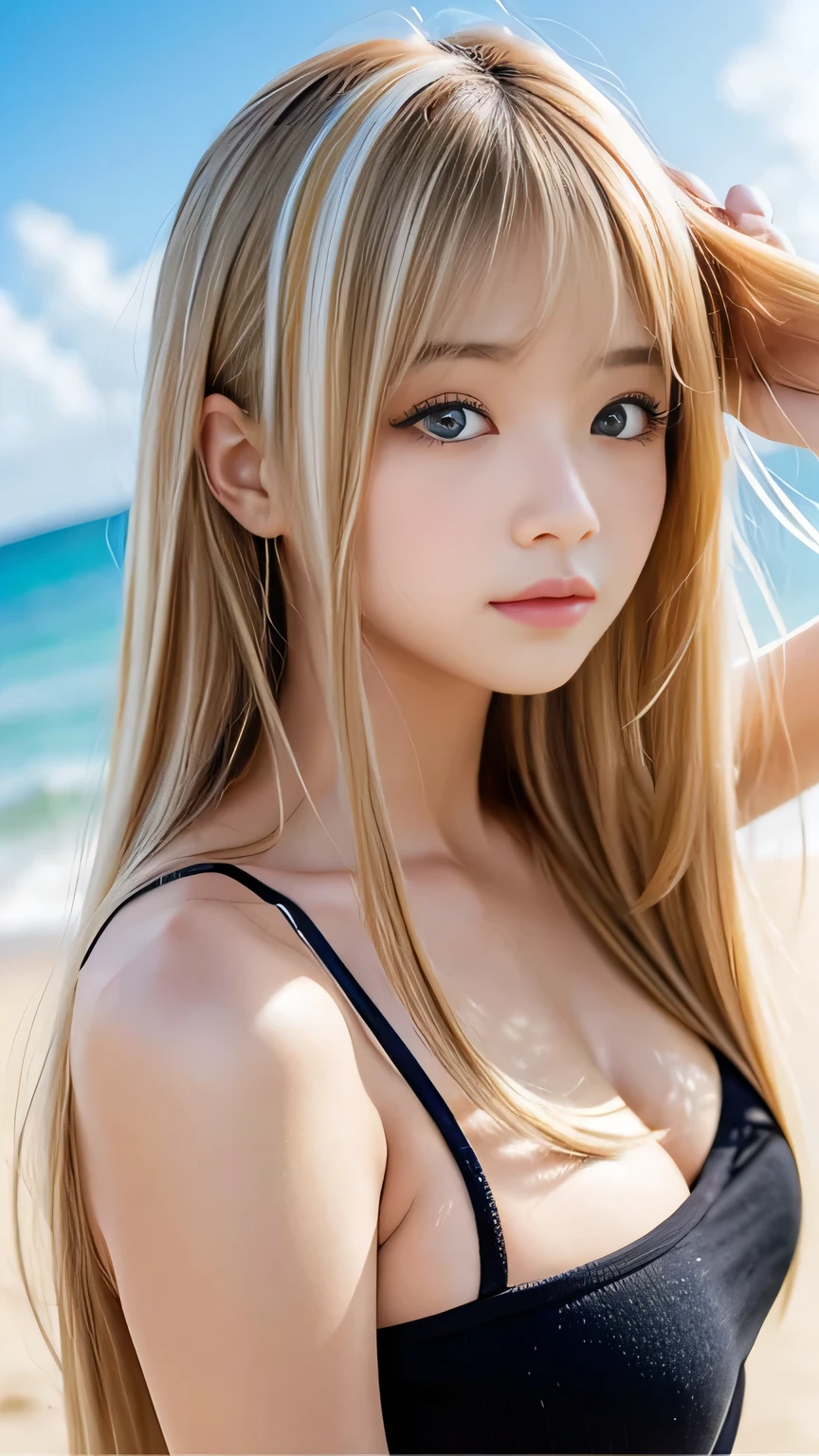 Sexy Big 、A cute with a sexy and cute look, beautiful and sexy face、A strong wind blows my hair in front of my face、With straight blonde hair、beautiful, Cute and sexy eyes hidden behind long bangs、I'm wearing a choker、Covering the eyes with bangs、I have a tattoo on my arm