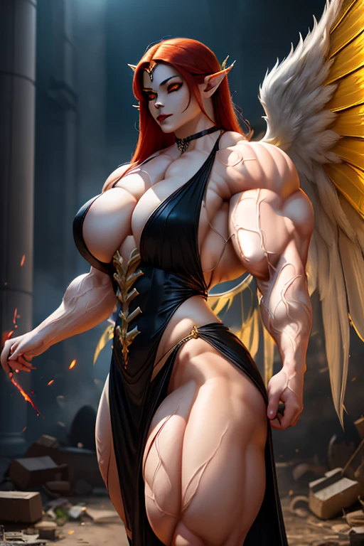 ((((Massive, beautiful, buff, pale white skinned muscular asian dark angel woman with red hair, black lipstick, glowing yellow eyes, huge black angel wings, ginormous bulky muscles and wearing a beautiful black angel dress)))), {close view}, massive muscles, massive biceps, hyper muscle shoulders, massive muscle arms, vascular shoulders, hyper muscle triceps, huge angel wings, (long hair), yellow eyes, choker, angel gauntlets, in front of a meteor shower in a Destroyed City, devious smile, hyper muscles arms, hyper muscle legs, (massive arms).