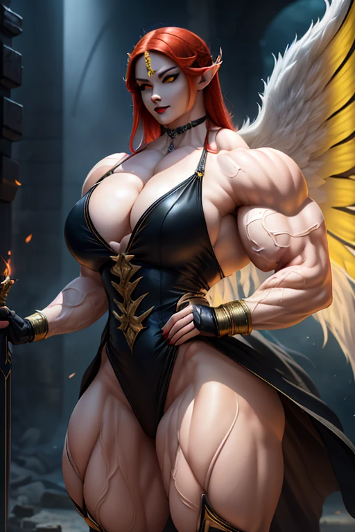 ((((Massive, beautiful, buff, pale white skinned muscular asian dark angel woman with red hair, black lipstick, glowing yellow eyes, huge black angel wings, ginormous bulky muscles and wearing a beautiful black angel dress)))), {close view}, massive muscles, massive biceps, hyper muscle shoulders, massive muscle arms, vascular shoulders, hyper muscle triceps, huge angel wings, (long hair), yellow eyes, choker, angel gauntlets, in front of a meteor shower in a Destroyed City, devious smile, hyper muscles arms, hyper muscle legs, (massive arms).