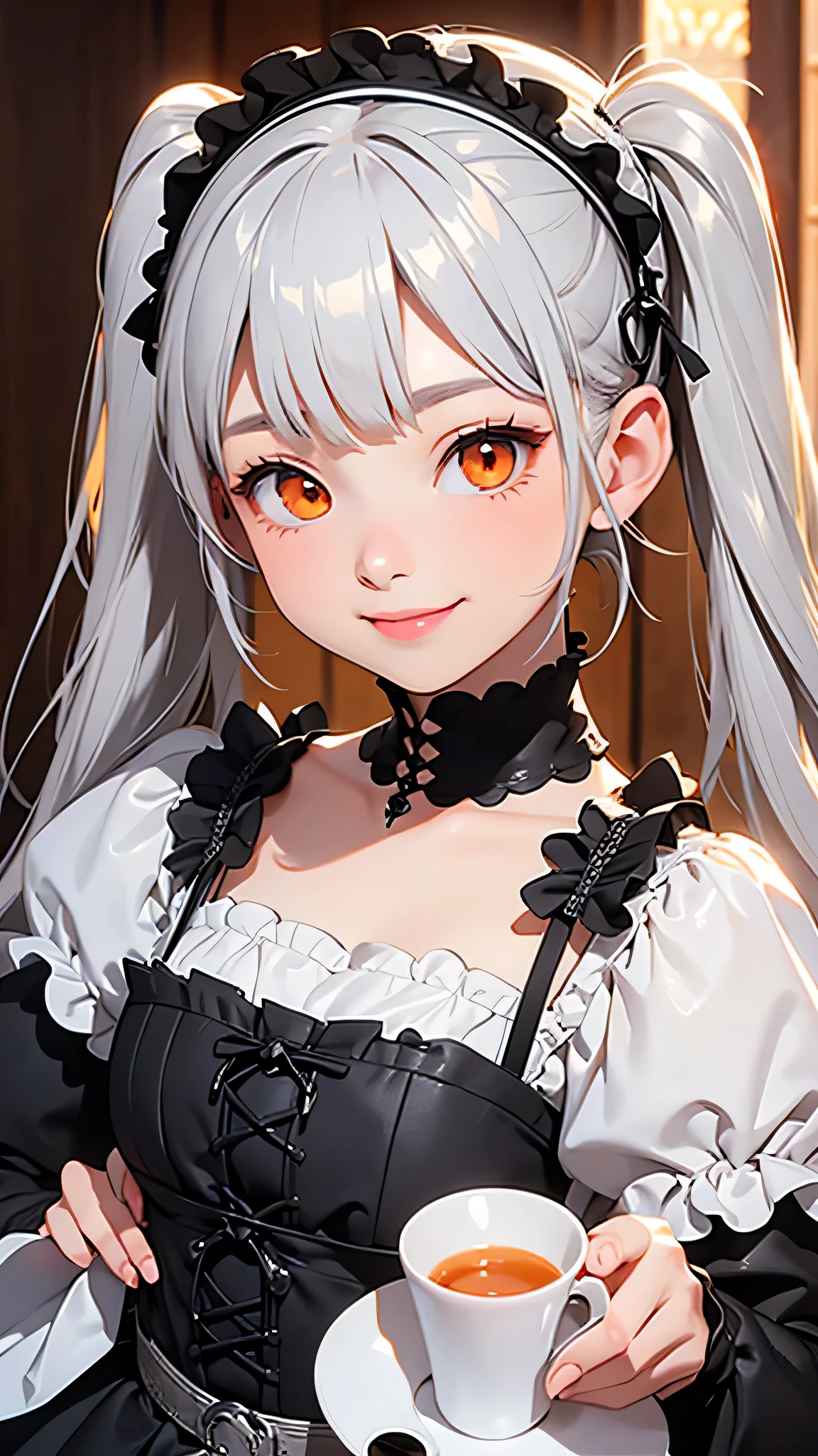 highest quality、Realistic、Women、zoom、cute、Orange Eyes、Silver Hair、Twin tails、Gothic ta、smile、Looking down、smile、Bust Shot、　