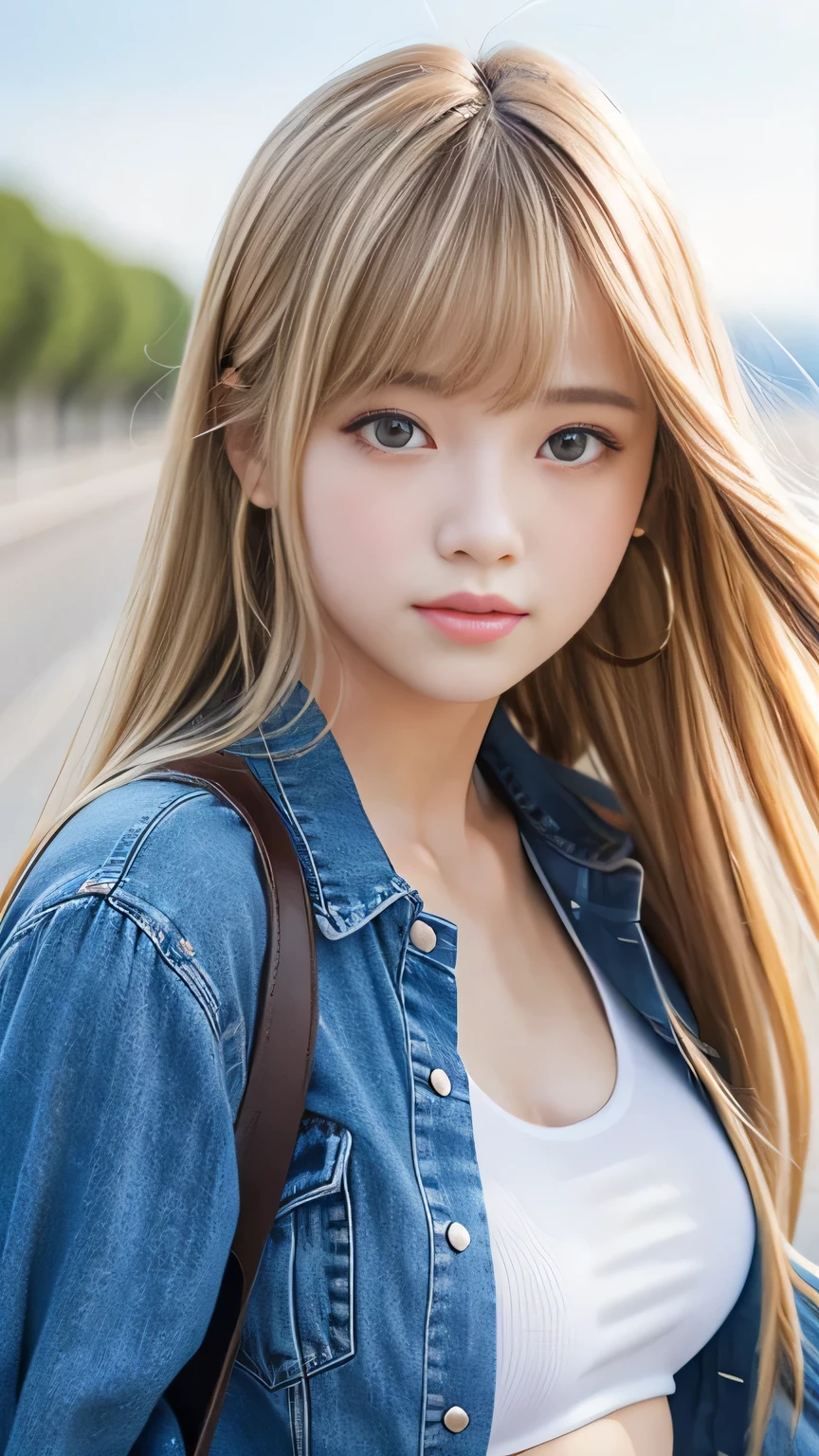 Sexy Big 、A cute 15-year-old girl with a sexy and cute look, beautiful and sexy face、A strong wind blows my hair in front of my face、With straight blonde hair、beautiful, Cute and sexy eyes hidden behind long bangs、I&#39;m wearing a choker、Covering the eyes with bangs、I have a tattoo on my arm