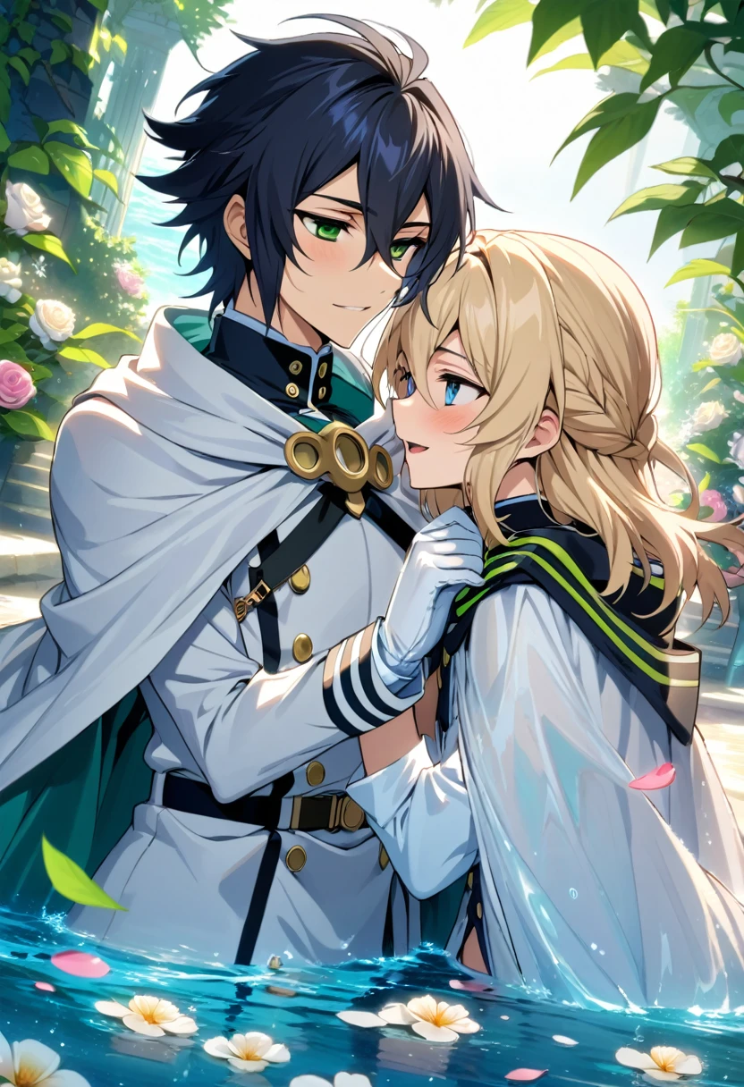 Ultra detailed, highres, absurdres, HDR, Mika Hyakuya, blue eyes, wavy blond hair, Yuu Hyakuya, black hair, green eyes, Owari No Seraph, flowers, petals, green leaves, water, two sexy men together, gay couple, love, yaoi, handsome, cape, white gloves, white clothes, very detailed face and eyes, master piece, summer,