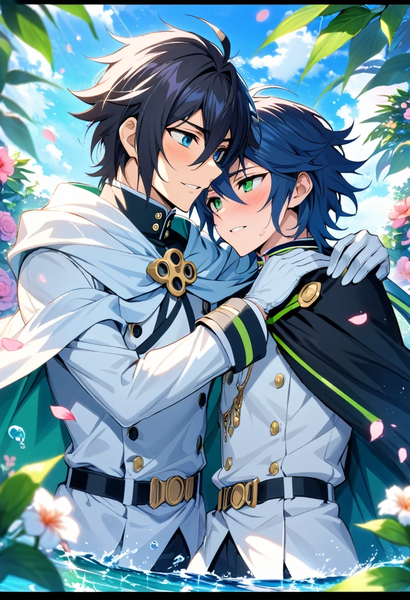 Ultra detailed, highres, absurdres, HDR, Mika Hyakuya, blue eyes, wavy blond hair, Yuu Hyakuya, black hair, green eyes, Owari No Seraph, flowers, petals, green leaves, water, two sexy men together, gay couple, love, yaoi, handsome, cape, white gloves, white clothes, very detailed face and eyes, master piece, summer,