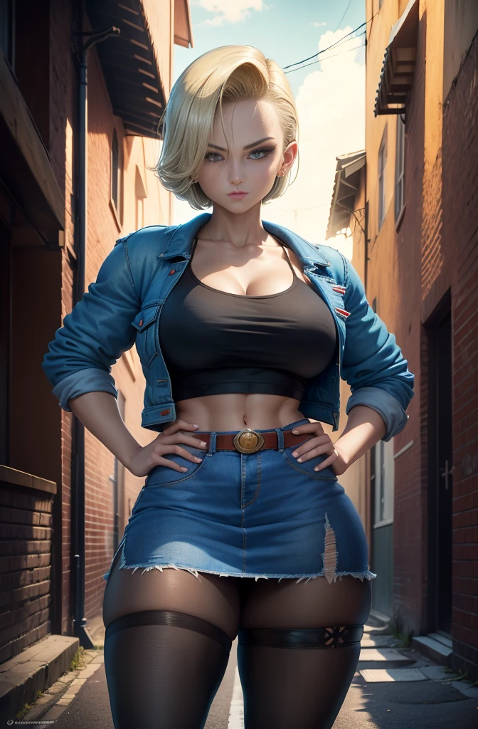 masterpiece, best quality, highly detailed, cowboy shot, portrait, android 18, short hair, harem, large breasts, , blue jacket, ((white croptop)), midriff, (denim skirt), full length pantyhose, skindentation, BREAK (city, alleyway, night, dark theme), (clouds), add_detail:1, hair over eyes, hair over one eye, wide hips, thick legs,
