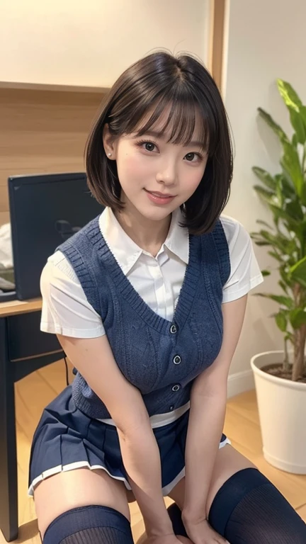 (masterpiece:1.2, highest quality), (Realistic, photoRealistic:1.4), Beautiful illustrations, (Natural Side Lighting, Cinema Lighting), Written boundary depth, Looking at the audience, Front view, 1 girl, English, high school girl, 20-year-old, Perfect Face, Symmetrical cute face, Shiny skin, Leg spread, (Bob Hair:1.7,blonde), Asymmetrical bangs, Big eyes, Droopy eyes, long eyelashes chest), thin, Beautiful Hair, Beautiful Face, Beautiful and beautiful eyes, Beautiful clavicle, Beautiful body, Beautiful breasts, Beautiful thighs, Beautiful legs, Beautiful fingers, ((High-quality fabric, Brown knitted vest, Short sleeve white collar shirt, Navy Pleated Skirt, Navy bow tie)), (Beautiful views), evening, (Inside the flower shop), Are standing, (smile, Superior, Open your mouth), (((Skirt flip, No pants, Genitals are visible))), Full Body Shot, Dark blue socks, Sexy Face, Inverted nipples,